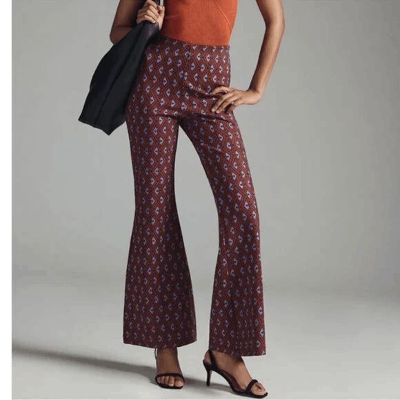 Anthropologie Jonie Purple Brown Printed Knit Flared Pants Women's Size Small - Picture 1 of 7